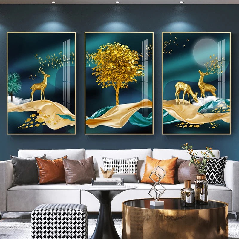 Golden Deer and Tree Art on Silk Landscape – Elegant Crystal Wall Frame Set of 3