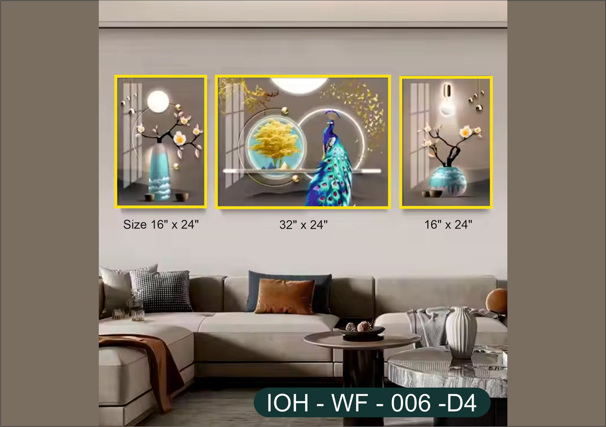 Elegant Peacock and Floral Crystal Wall Frame Set – Modern PVC Gold Framed Art for Living Room