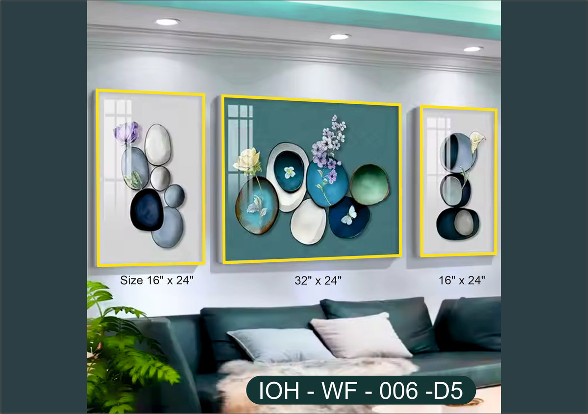 Floral Pebble-Inspired Wall Frame Trio – Modern Art Set in PVC Gold Frame for Interiors
