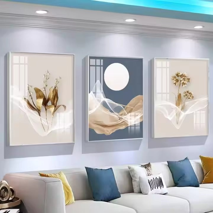 Elegant Nature-Inspired Crystal Wall Frame Set – Golden Hues with Moonlit Serenity in Modern Style