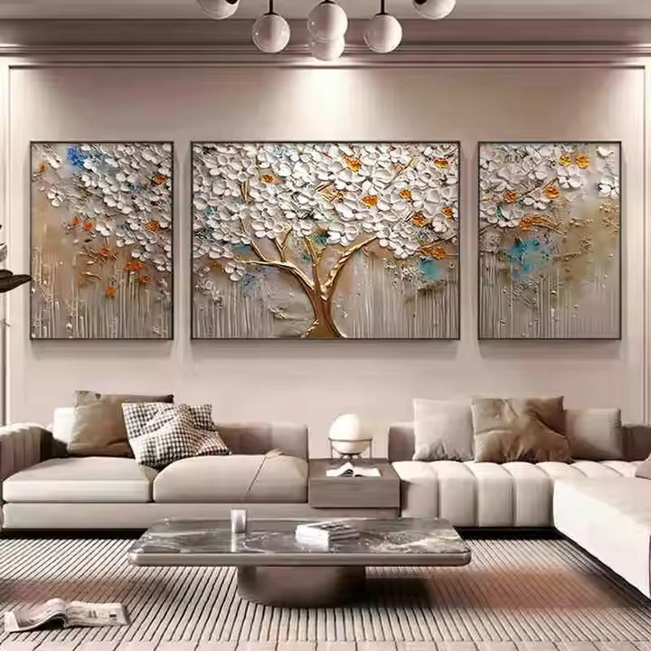 "Elegant Crystal Wall Frame – Blossoming Tree with White Petals and Gold Accents in Artistic Harmony