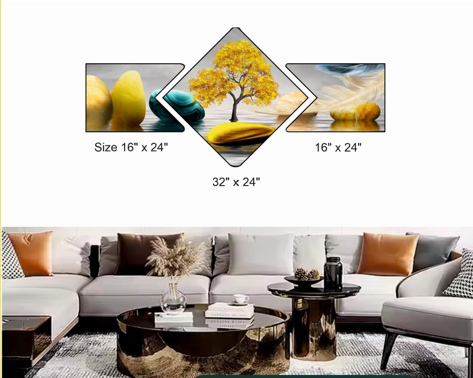 Golden Tree Wall Art Design with Stones for Modern and Luxurious Living Room Ambience
