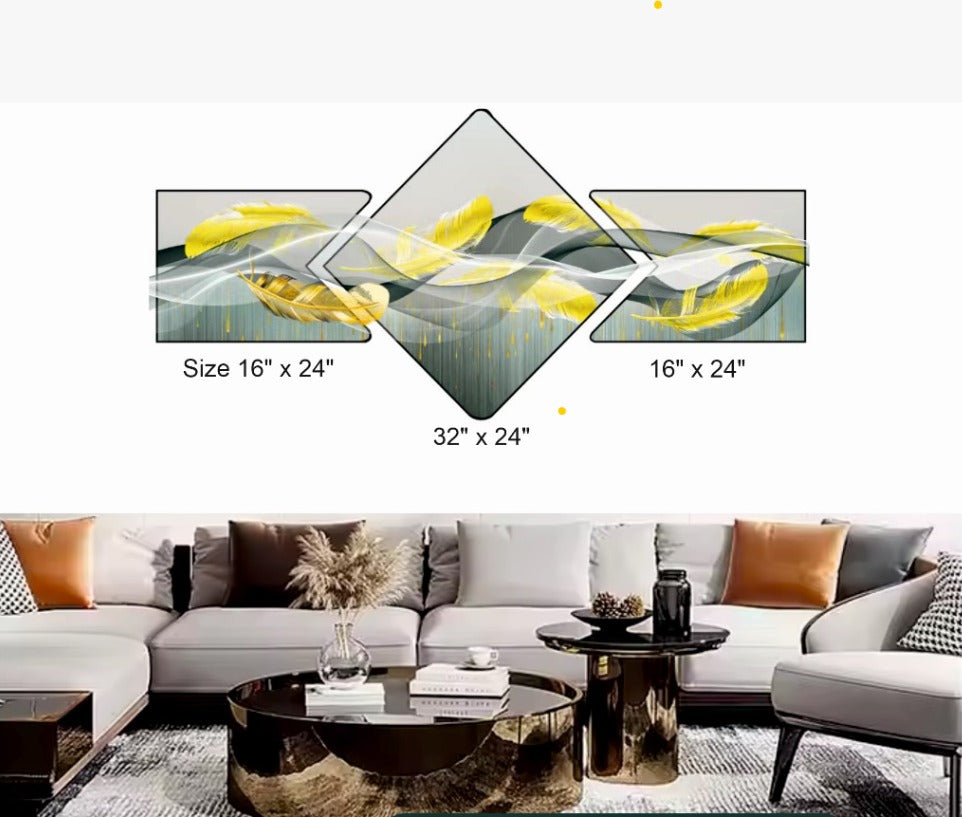 Elegant Feather Wall Art for Living Room – Stylish Decor in Yellow, Grey and White Tones