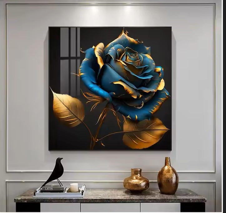 Luxury Blue & Gold Rose Wall Frame – Statement Floral Art for Elegant Modern Interiors