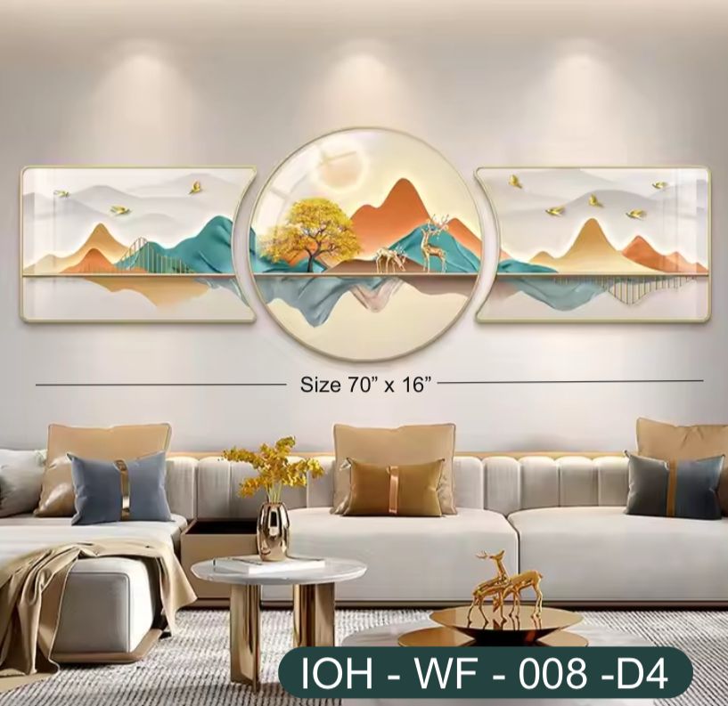 Modern 3-Piece Wall Art Set – Vibrant Mountain Landscape with Deer in Gold Frame