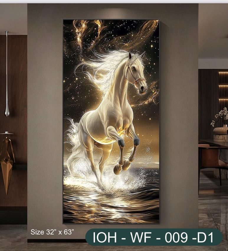 Majestic Stallion Wall Frame – Dynamic White Horse in a Celestial Golden Fantasy Setting