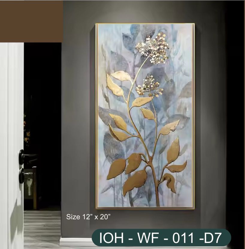 Gold Botanical Wall Frame – Elegant Floral Art with Textured Leaves and Cool Tones