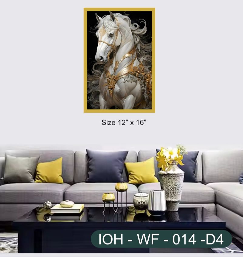 Majestic White Horse Crystal Wall Art with Regal Golden Detailing and Elegant PVC Frame