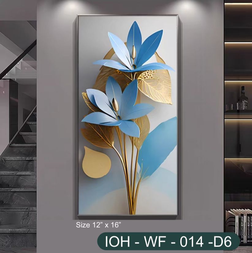Modern 3D Blue and Gold Floral Wall Art in Minimalist Frame