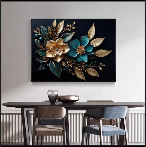Luxury Floral Crystal Wall Frame with Gold PVC – Elegant Decorative Accent for Dining or Living Room