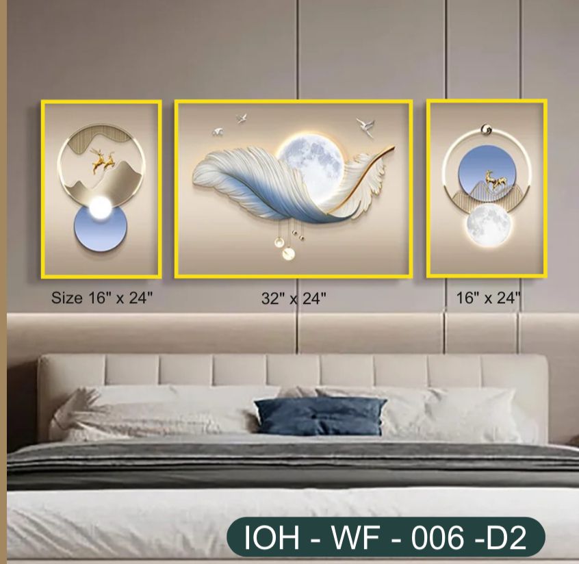 Modern Crystal Wall Frame Set – Feather & Moon Design with PVC Gold Frame (Set of 3)