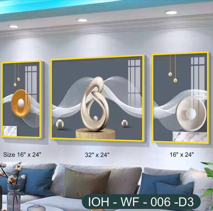 Elegant Abstract Wall Frame Set – 3D Geometric Art with PVC Gold Frame (3 Pieces)