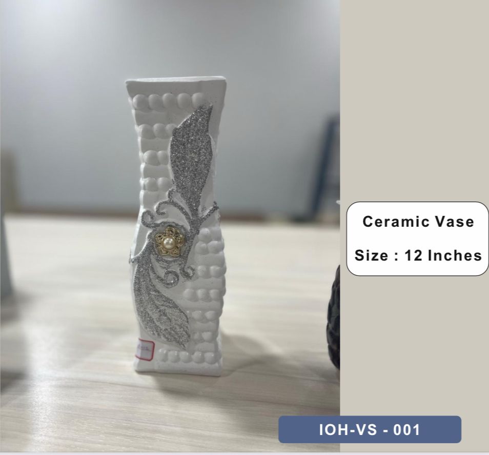 Elegant White Ceramic Vase with Glitter Leaf and Pearl Accent