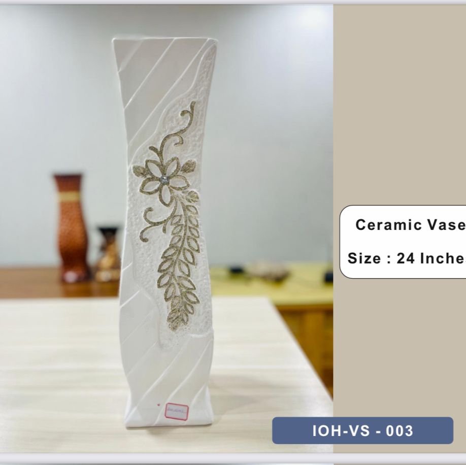 Tall White Ceramic Vase with Floral Leaf Pattern Design