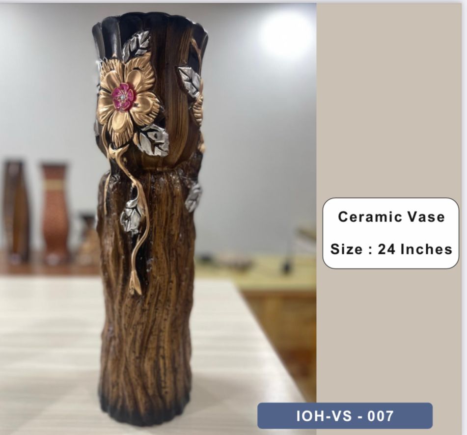 Rustic Floral Ceramic Vase with Embossed Flower and Wood Texture