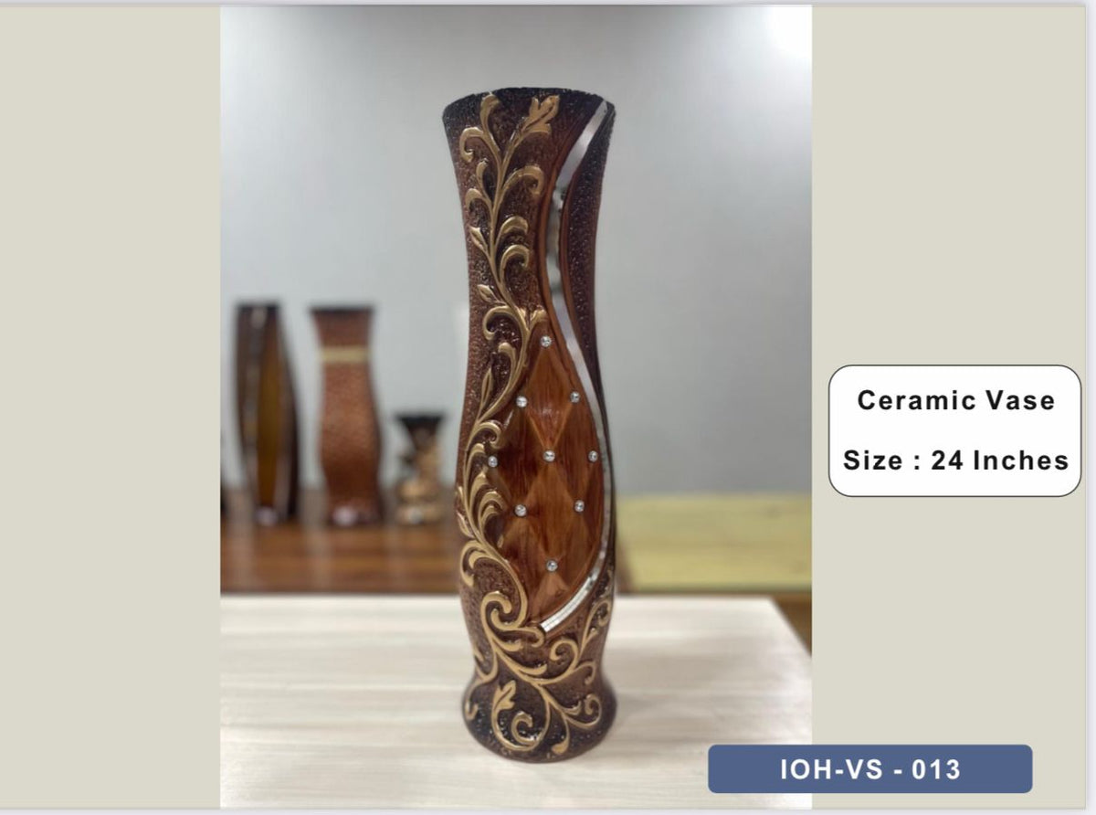 Artistic Curved Ceramic Vase with Gold Floral Detailing and Stones