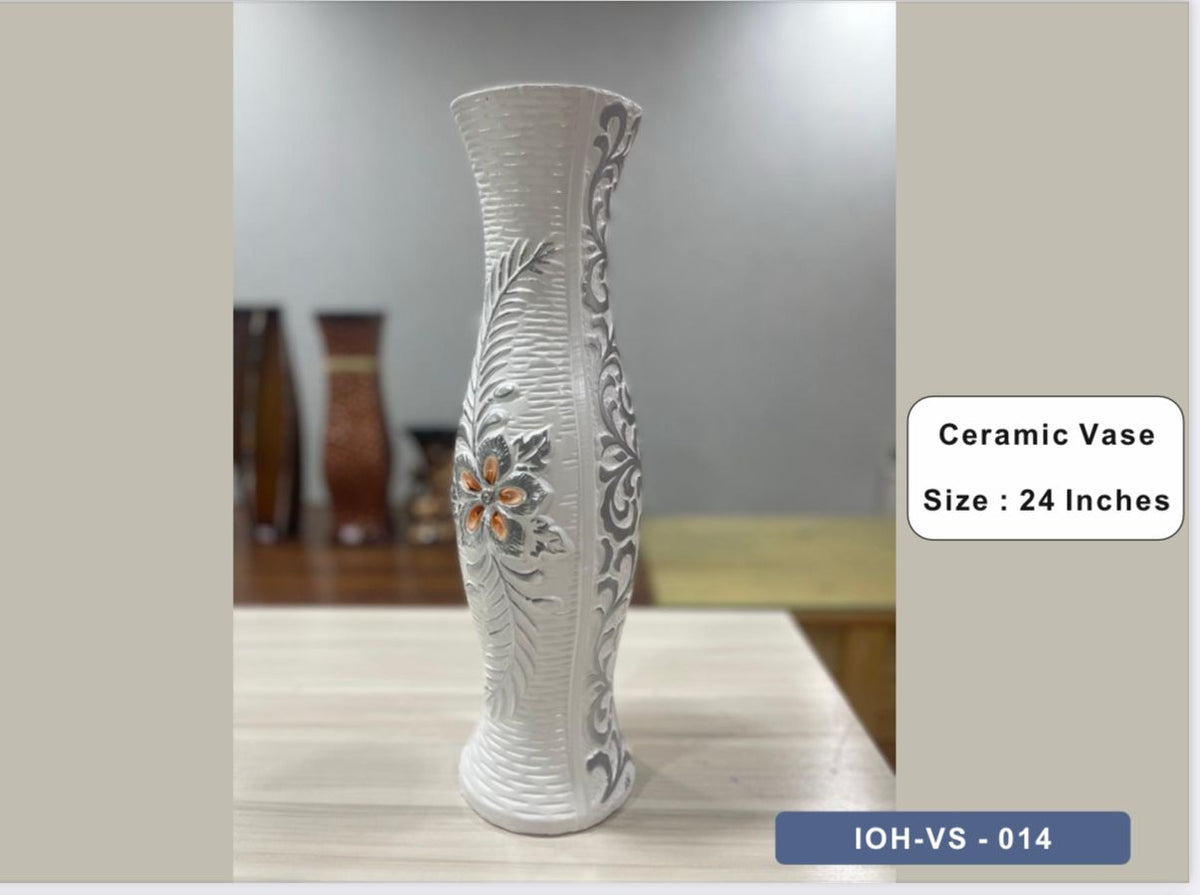 White Textured Ceramic Vase with Elegant Orange and Silver Floral
