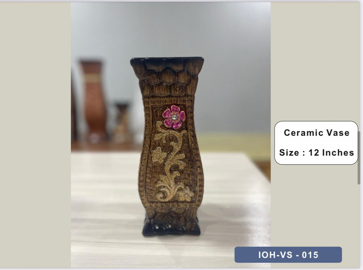 Compact Brown Ceramic Vase with Pink Floral and Gold Design
