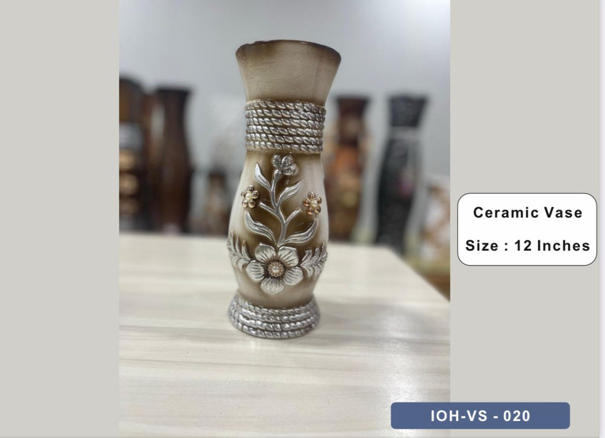 12-Inch Beige Ceramic Vase with Silver Floral Embellishments