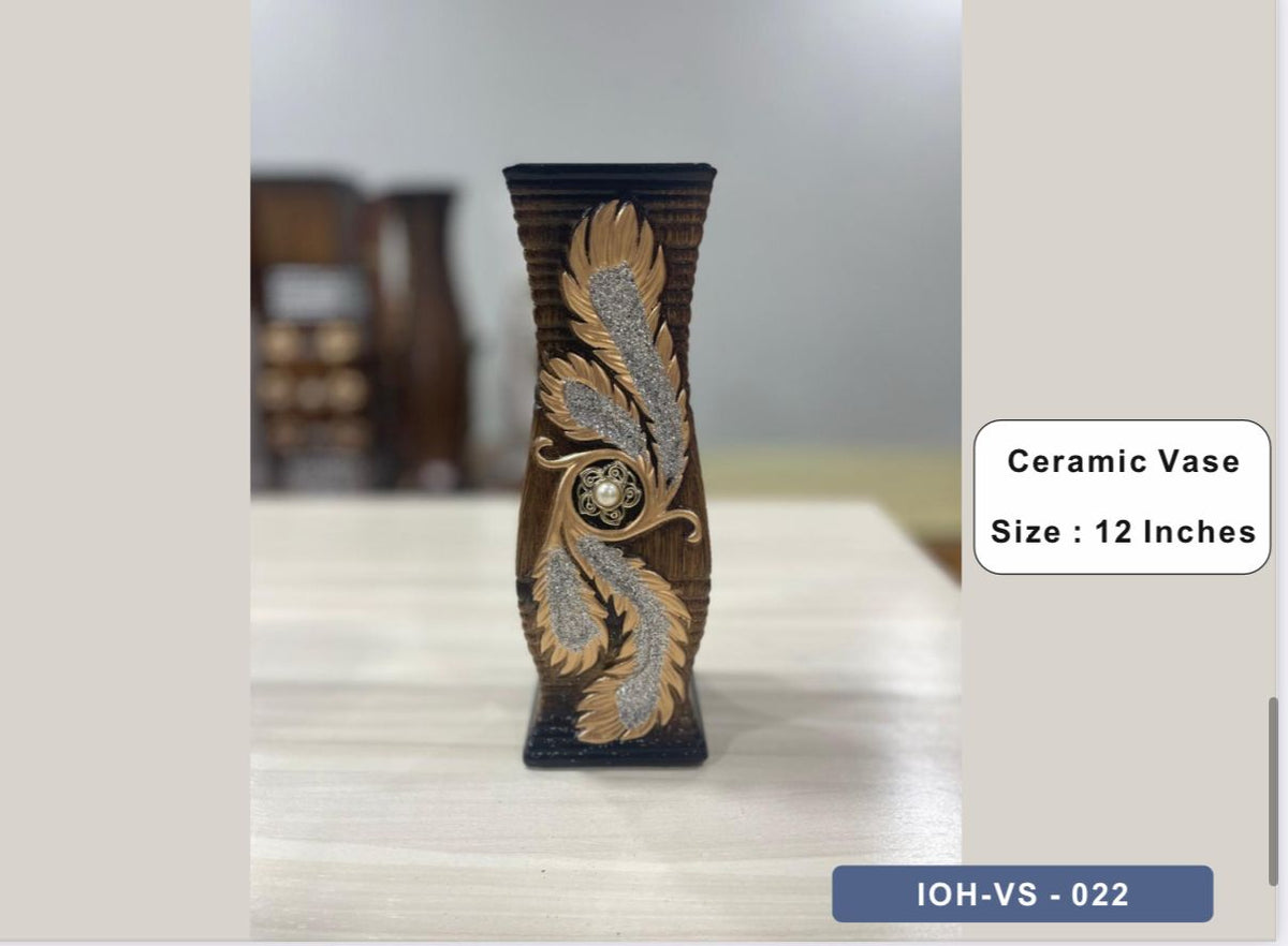 12-Inch Rectangular Ceramic Vase with Golden and Silver Leaf Detailing