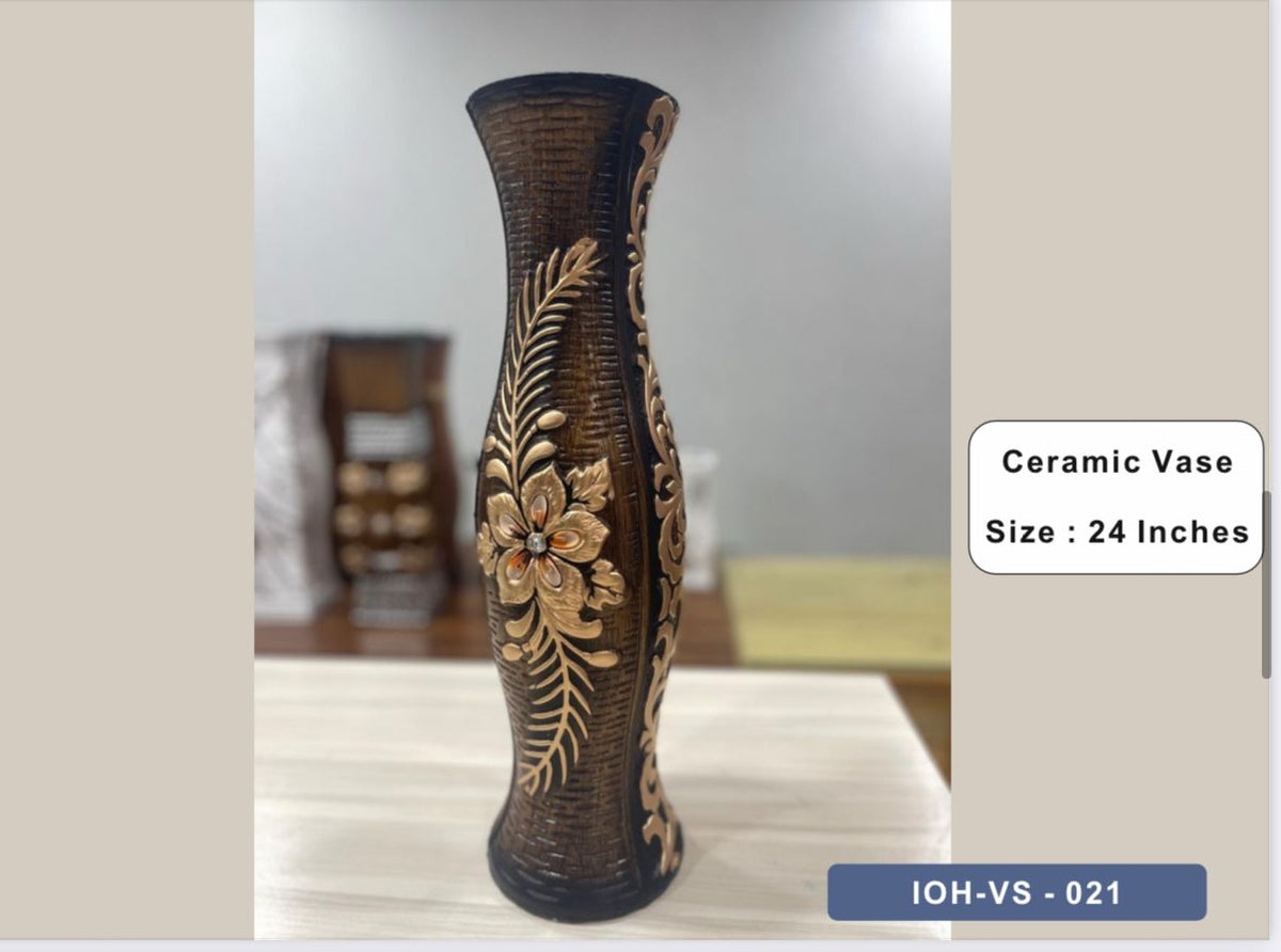 24-Inch Tall Ceramic Vase with Embossed Floral and Leaf Motif