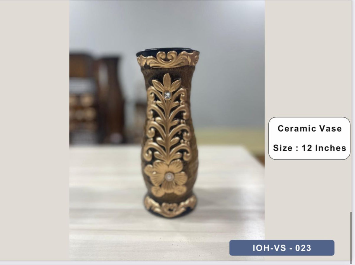 12-Inch Ornate Ceramic Vase with Golden Floral Embellishments