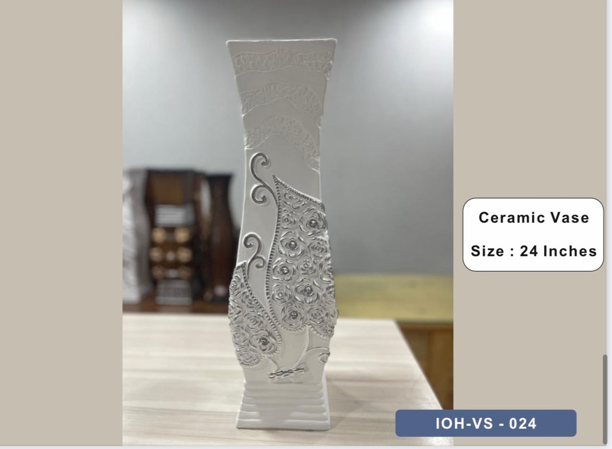 Elegant 24-Inch White Ceramic Vase with Embossed Floral Paisley Design