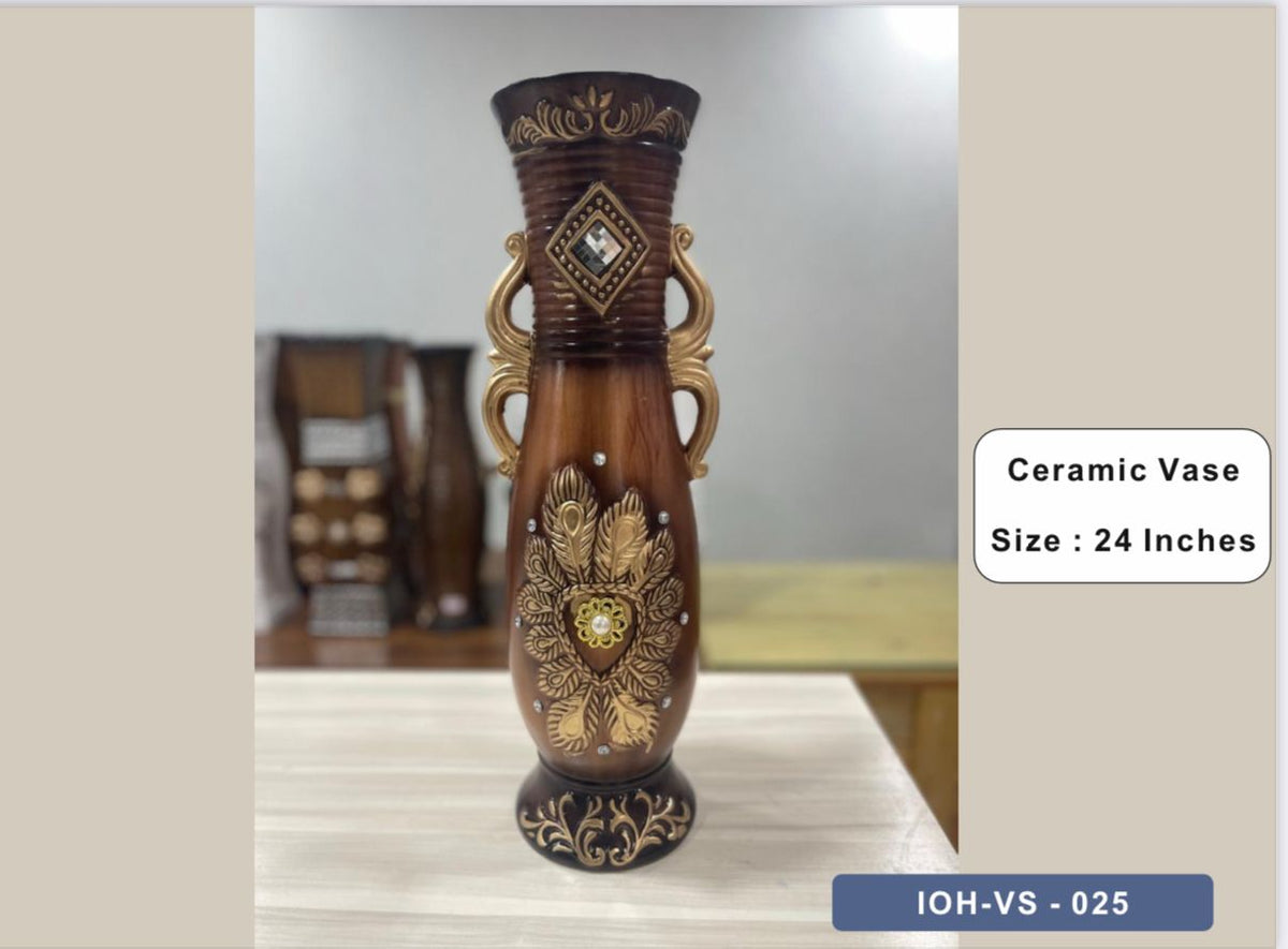Antique-Style 24-Inch Ceramic Vase with Ornate Floral Motif and Dual Handles
