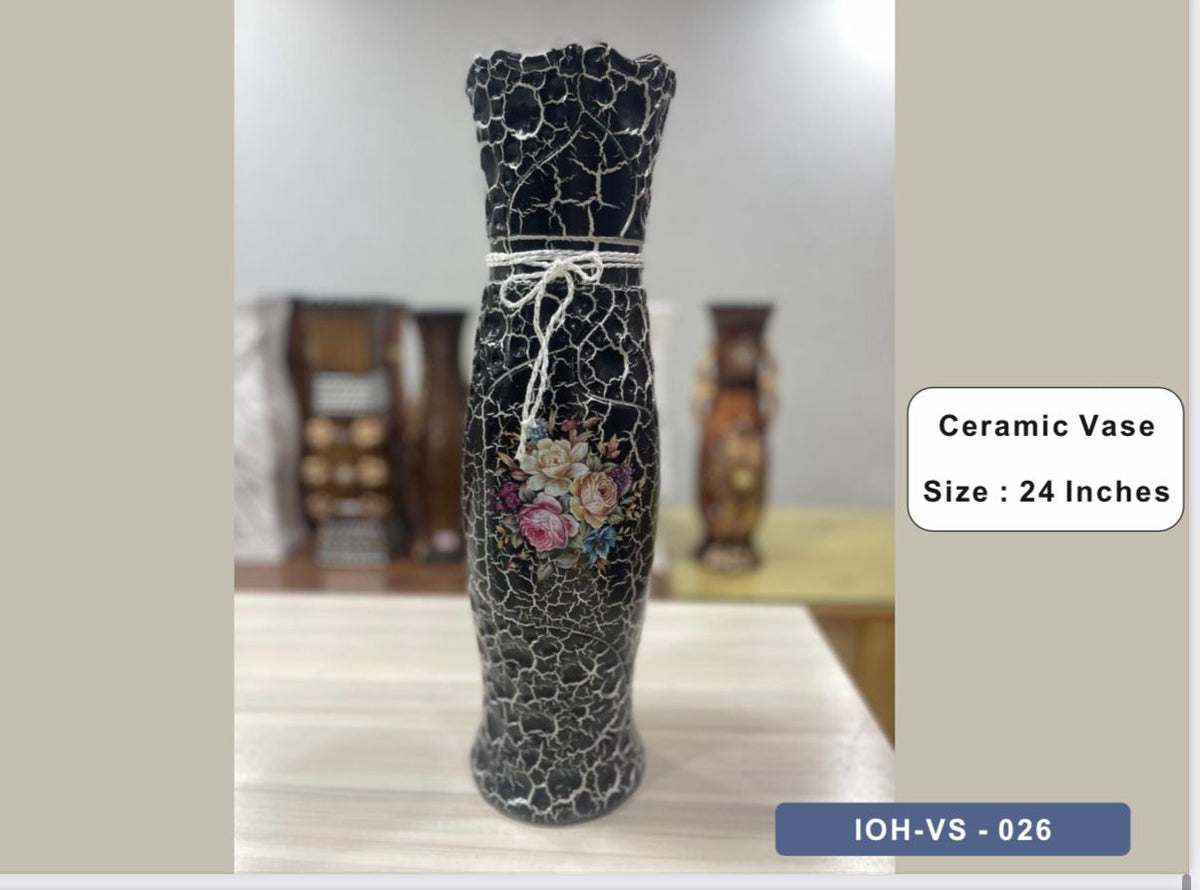 Vintage Crackle-Glaze Ceramic Vase with Floral Artwork and Rope Accent – 24 Inches