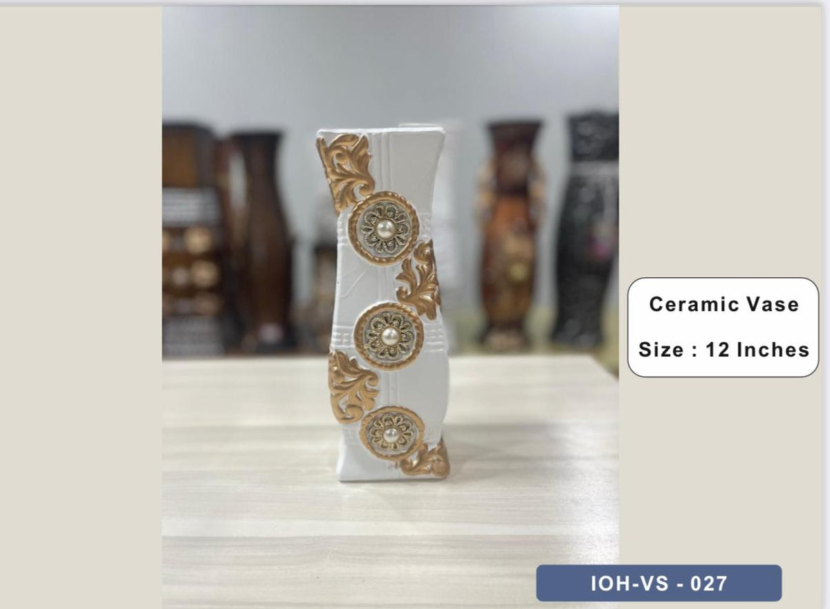 Elegant White and Gold Ceramic Vase with Ornate Medallion Embellishments – 12 Inches