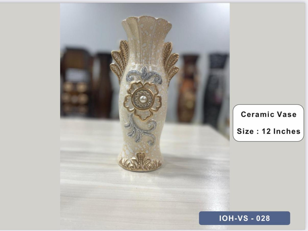 Ivory and Gold Ceramic Vase with Pearl Floral Accent – 12 Inches
