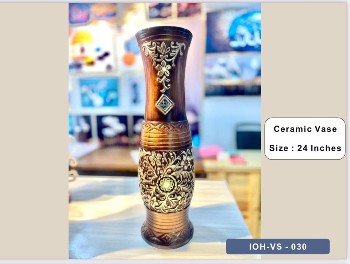 Vintage Brown Ceramic Vase with Ornate Floral Embossing – 24 Inches