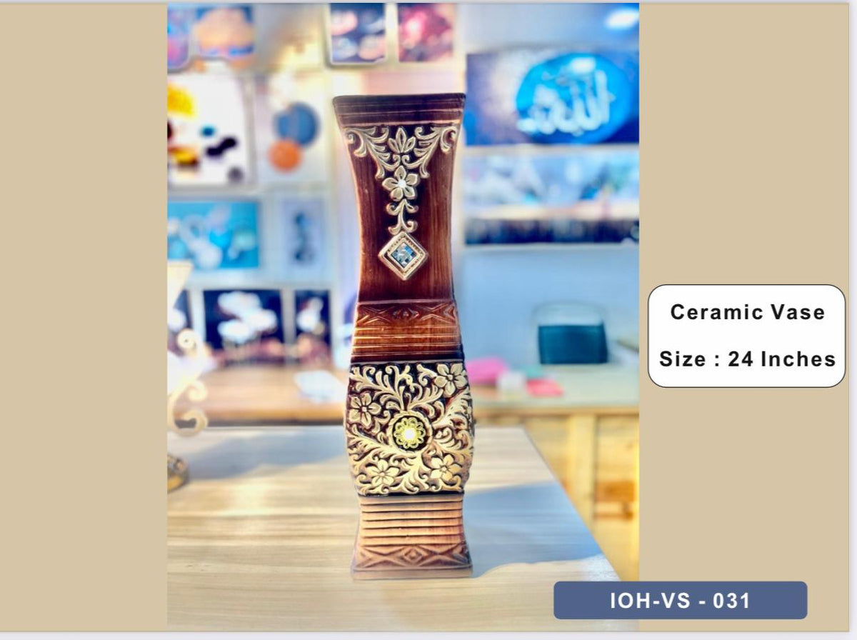Tall Square Ceramic Vase with Floral Relief & Jewel Accent – 24 Inches
